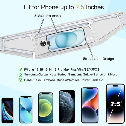 Fanny Pack for Women Men, Slim Running Belt Waist Bag Outdoor, Black | Water Resistant Running Phone Holder, 3 Pockets, Adjustable Money Belt, Running Pouch for iPhone Pro Max Xr SE Samsung Series
