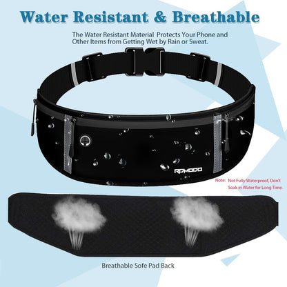 Fanny Pack for Women Men, Slim Running Belt Waist Bag Outdoor, Black | Water Resistant Running Phone Holder, 3 Pockets, Adjustable Money Belt, Running Pouch for iPhone Pro Max Xr SE Samsung Series