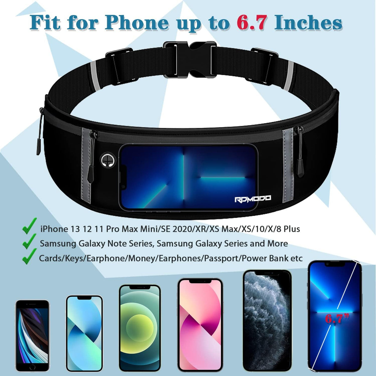 Fanny Pack for Women Men, Slim Running Belt Waist Bag Outdoor, Black | Water Resistant Running Phone Holder, 3 Pockets, Adjustable Money Belt, Running Pouch for iPhone Pro Max Xr SE Samsung Series