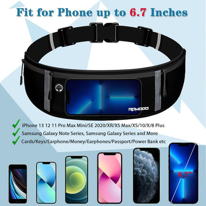 Fanny Pack for Women Men, Slim Running Belt Waist Bag Outdoor, Black | Water Resistant Running Phone Holder, 3 Pockets, Adjustable Money Belt, Running Pouch for iPhone Pro Max Xr SE Samsung Series