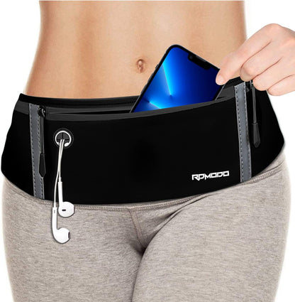 Fanny Pack for Women Men, Slim Running Belt Waist Bag Outdoor, Black | Water Resistant Running Phone Holder, 3 Pockets, Adjustable Money Belt, Running Pouch for iPhone Pro Max Xr SE Samsung Series