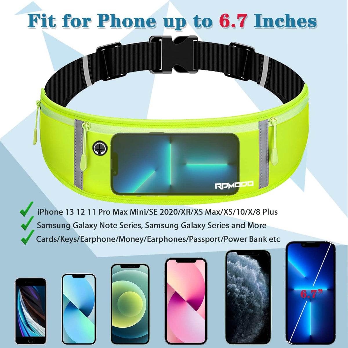 Fanny Pack for Women Men, Slim Running Belt Waist Bag Outdoor, Black | Water Resistant Running Phone Holder, 3 Pockets, Adjustable Money Belt, Running Pouch for iPhone Pro Max Xr SE Samsung Series