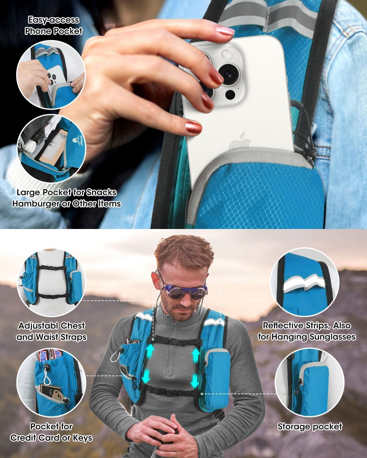 Foldable Small Hiking Backpack with 3 Strap Pockets – Lightweight 300D Spill-proof Daypack for Men Women – Packable Small Travel Backpack with Chest Strap & Trekking Pole Holder – Durable Outdoor Bag