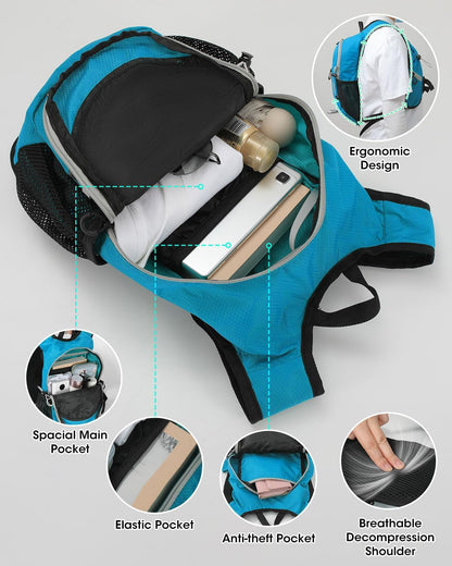 Foldable Small Hiking Backpack with 3 Strap Pockets – Lightweight 300D Spill-proof Daypack for Men Women – Packable Small Travel Backpack with Chest Strap & Trekking Pole Holder – Durable Outdoor Bag
