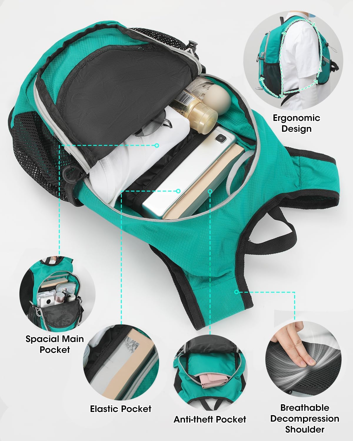 Foldable Small Hiking Backpack with 3 Strap Pockets – Lightweight 300D Spill-proof Daypack for Men Women – Packable Small Travel Backpack with Chest Strap & Trekking Pole Holder – Durable Outdoor Bag
