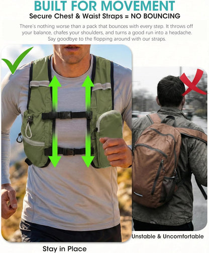 Foldable Small Hiking Backpack with 3 Strap Pockets – Lightweight 300D Spill-proof Daypack for Men Women – Packable Small Travel Backpack with Chest Strap & Trekking Pole Holder – Durable Outdoor Bag