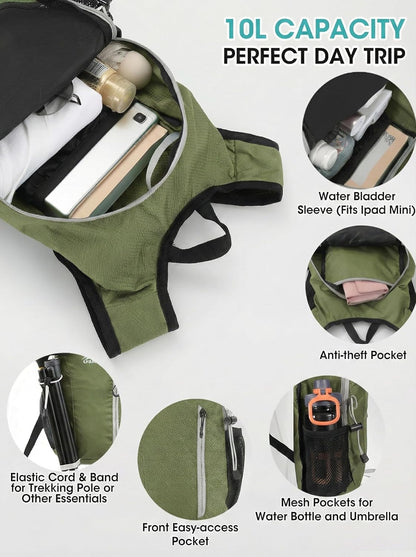 Foldable Small Hiking Backpack with 3 Strap Pockets – Lightweight 300D Spill-proof Daypack for Men Women – Packable Small Travel Backpack with Chest Strap & Trekking Pole Holder – Durable Outdoor Bag