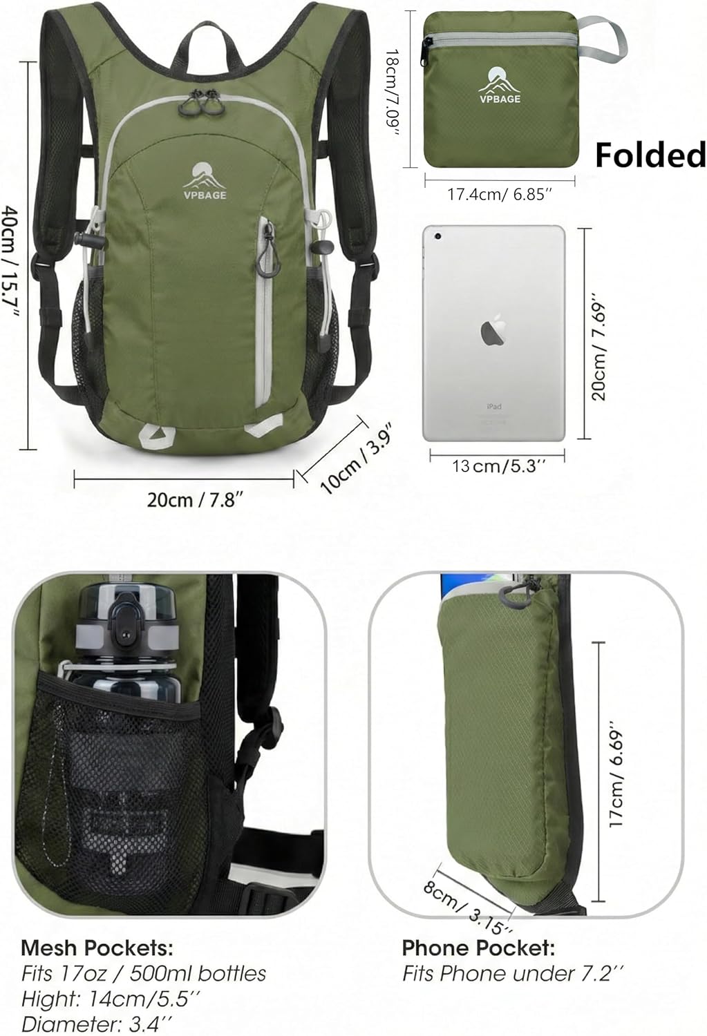 Foldable Small Hiking Backpack with 3 Strap Pockets – Lightweight 300D Spill-proof Daypack for Men Women – Packable Small Travel Backpack with Chest Strap & Trekking Pole Holder – Durable Outdoor Bag