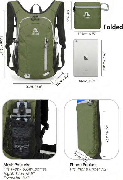 Foldable Small Hiking Backpack with 3 Strap Pockets – Lightweight 300D Spill-proof Daypack for Men Women – Packable Small Travel Backpack with Chest Strap & Trekking Pole Holder – Durable Outdoor Bag