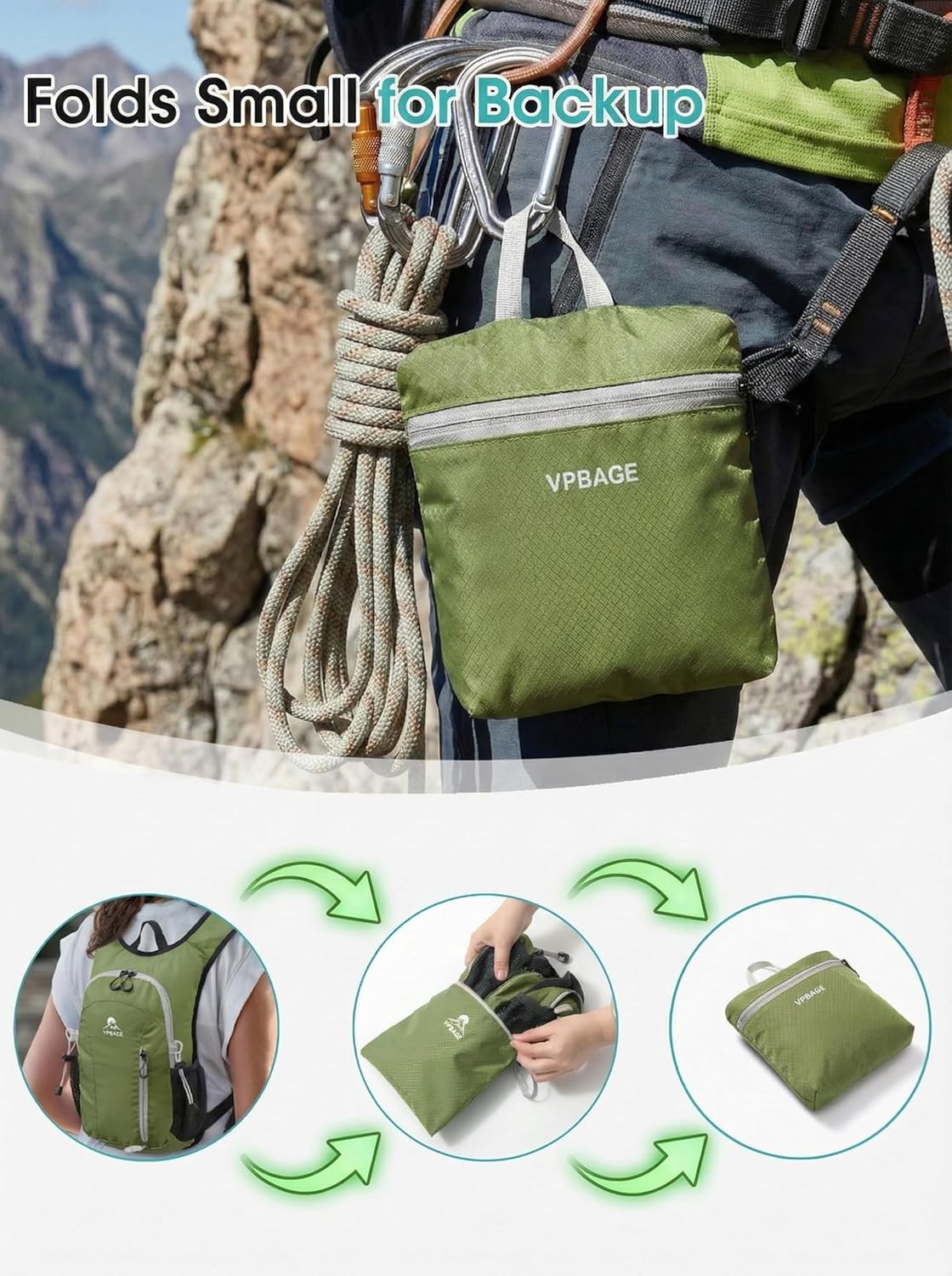Foldable Small Hiking Backpack with 3 Strap Pockets – Lightweight 300D Spill-proof Daypack for Men Women – Packable Small Travel Backpack with Chest Strap & Trekking Pole Holder – Durable Outdoor Bag