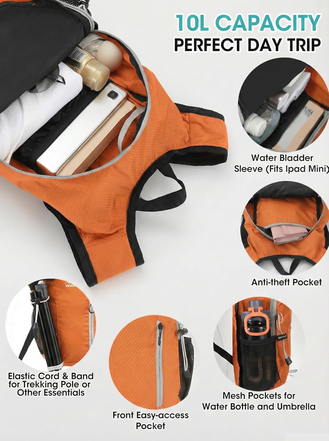 Foldable Small Hiking Backpack with 3 Strap Pockets – Lightweight 300D Spill-proof Daypack for Men Women – Packable Small Travel Backpack with Chest Strap & Trekking Pole Holder – Durable Outdoor Bag