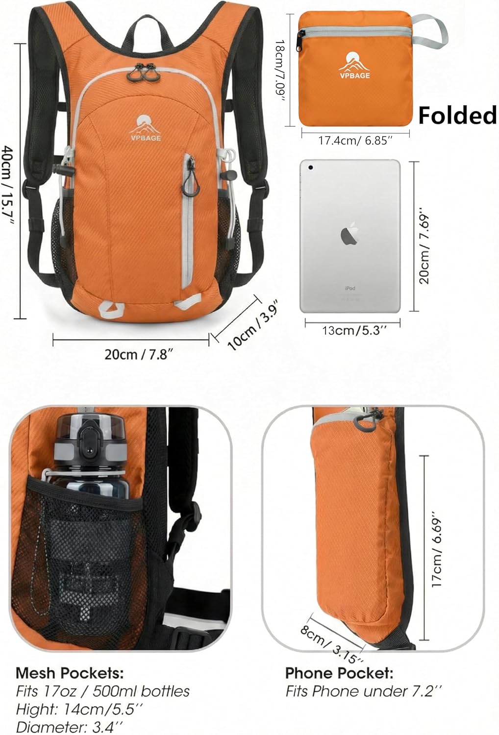 Foldable Small Hiking Backpack with 3 Strap Pockets – Lightweight 300D Spill-proof Daypack for Men Women – Packable Small Travel Backpack with Chest Strap & Trekking Pole Holder – Durable Outdoor Bag