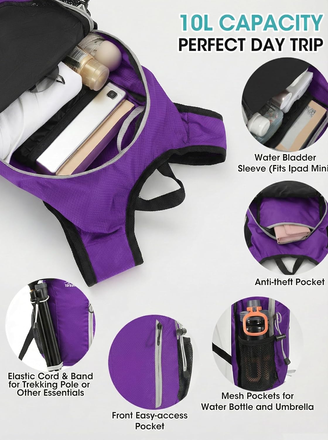 Foldable Small Hiking Backpack with 3 Strap Pockets – Lightweight 300D Spill-proof Daypack for Men Women – Packable Small Travel Backpack with Chest Strap & Trekking Pole Holder – Durable Outdoor Bag