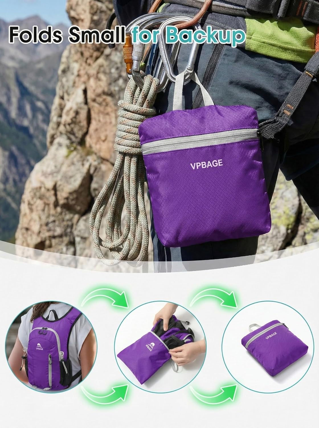 Foldable Small Hiking Backpack with 3 Strap Pockets – Lightweight 300D Spill-proof Daypack for Men Women – Packable Small Travel Backpack with Chest Strap & Trekking Pole Holder – Durable Outdoor Bag