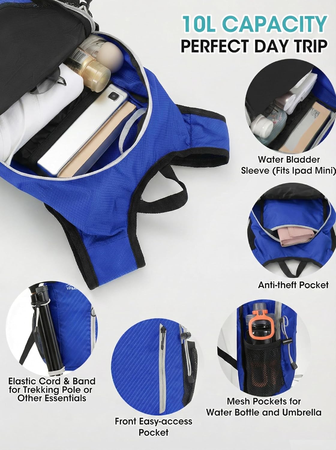 Foldable Small Hiking Backpack with 3 Strap Pockets – Lightweight 300D Spill-proof Daypack for Men Women – Packable Small Travel Backpack with Chest Strap & Trekking Pole Holder – Durable Outdoor Bag