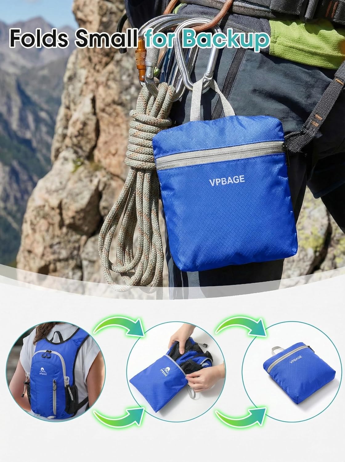 Foldable Small Hiking Backpack with 3 Strap Pockets – Lightweight 300D Spill-proof Daypack for Men Women – Packable Small Travel Backpack with Chest Strap & Trekking Pole Holder – Durable Outdoor Bag