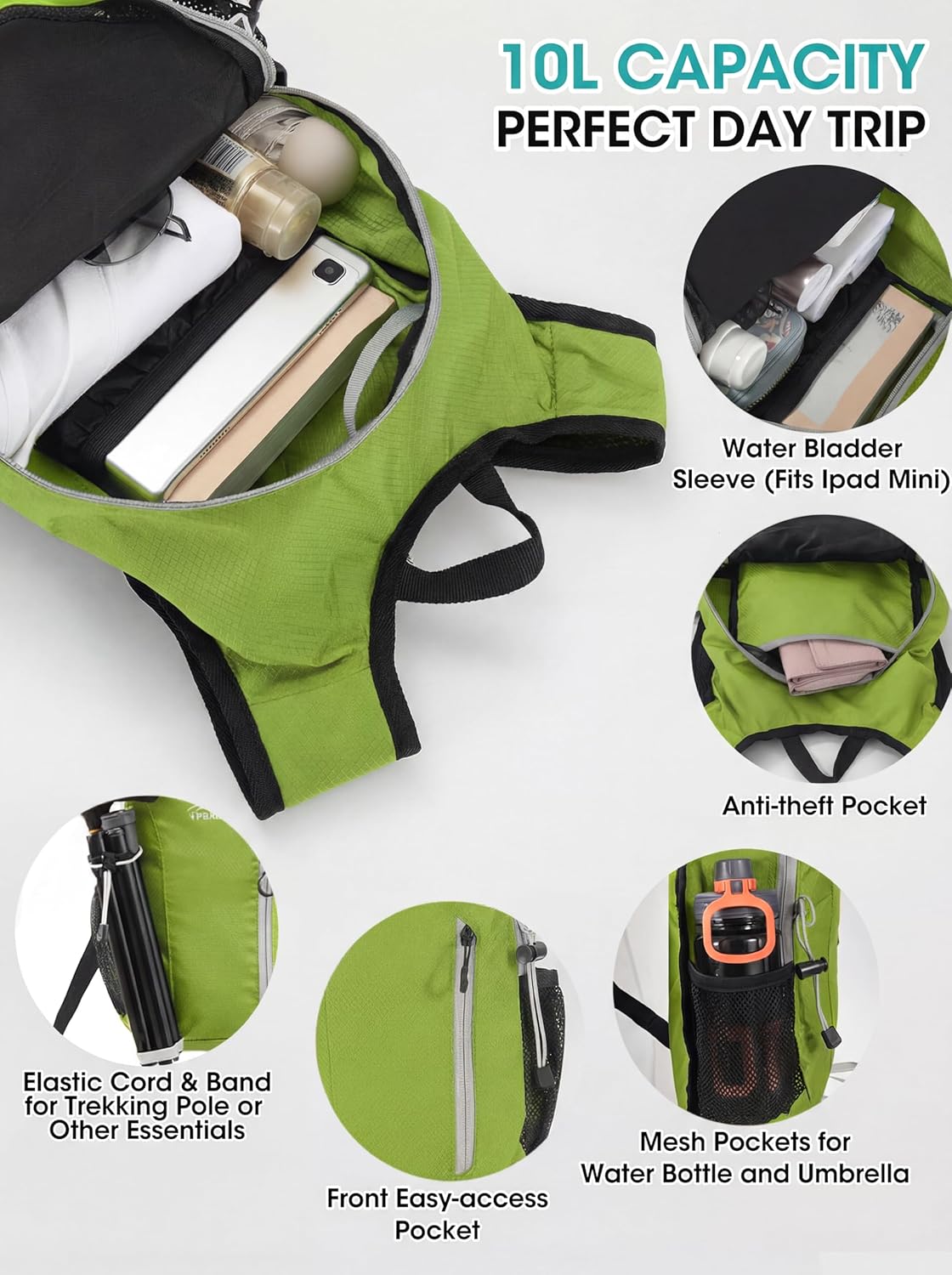 Foldable Small Hiking Backpack with 3 Strap Pockets – Lightweight 300D Spill-proof Daypack for Men Women – Packable Small Travel Backpack with Chest Strap & Trekking Pole Holder – Durable Outdoor Bag