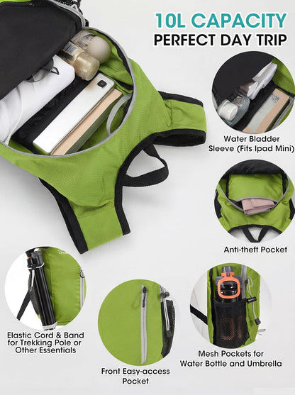 Foldable Small Hiking Backpack with 3 Strap Pockets – Lightweight 300D Spill-proof Daypack for Men Women – Packable Small Travel Backpack with Chest Strap & Trekking Pole Holder – Durable Outdoor Bag
