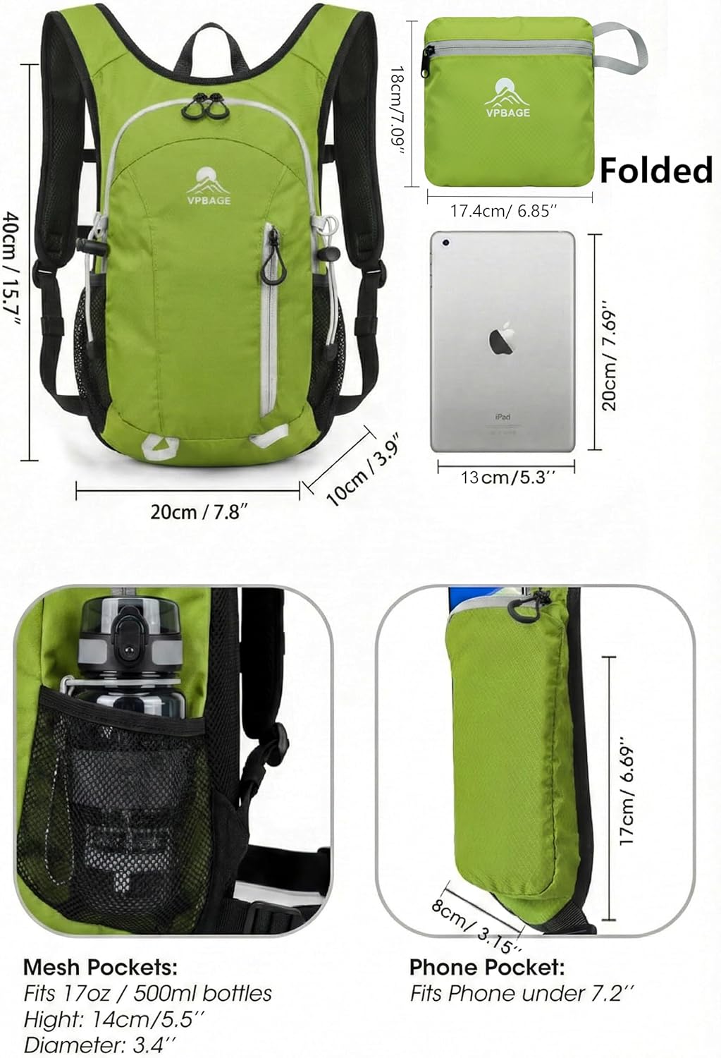 Foldable Small Hiking Backpack with 3 Strap Pockets – Lightweight 300D Spill-proof Daypack for Men Women – Packable Small Travel Backpack with Chest Strap & Trekking Pole Holder – Durable Outdoor Bag