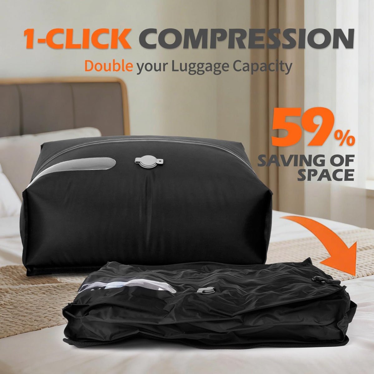 Travel Vacuum Bags with Pump – Reusable Airless Space Saver Vacuum Storage Bags Compression Bag for Carry-On Suitcase & Backpack,IPX8 Waterproof TPU Vacuum Seal Bags for Clothing(1PC-18L)