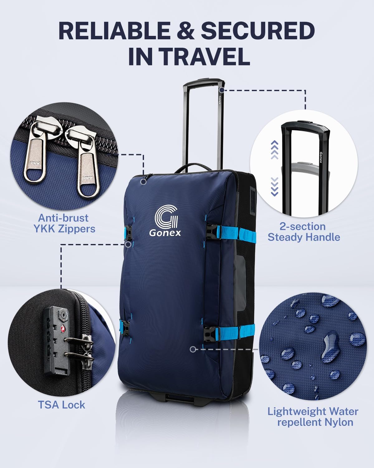 Rolling Duffle Bag with Wheels, Water-repellent 90L Nylon Large Wheeled Travel Duffel Luggage with TSA Lock & Telescopic Handle 30 inch, Dark Blue