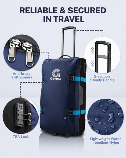 Rolling Duffle Bag with Wheels, Water-repellent 90L Nylon Large Wheeled Travel Duffel Luggage with TSA Lock & Telescopic Handle 30 inch, Dark Blue