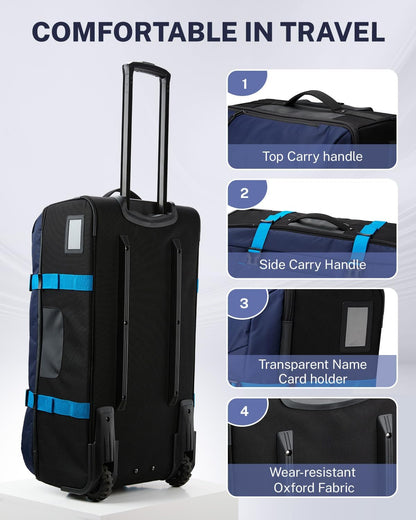 Rolling Duffle Bag with Wheels, Water-repellent 90L Nylon Large Wheeled Travel Duffel Luggage with TSA Lock & Telescopic Handle 30 inch, Dark Blue