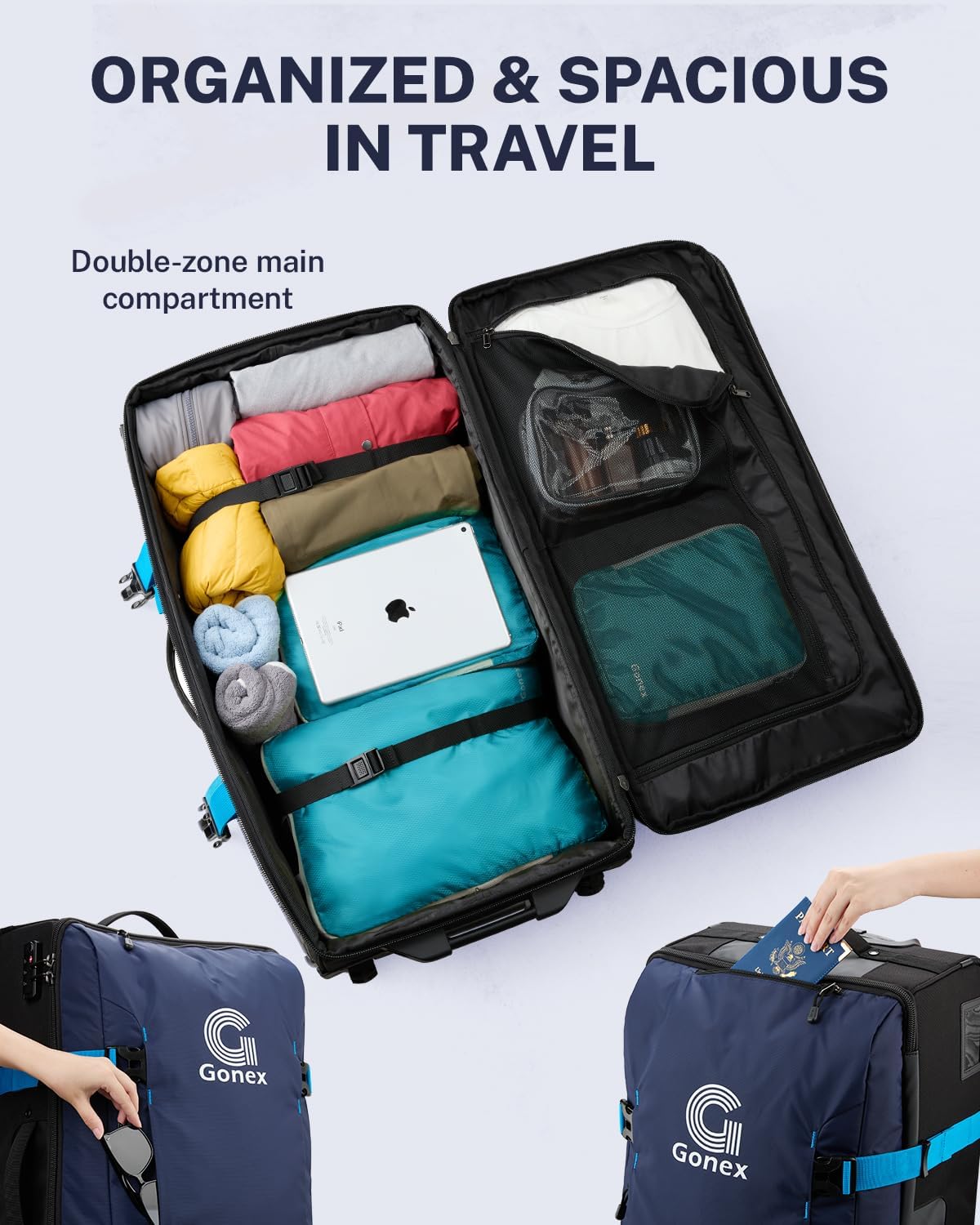 Rolling Duffle Bag with Wheels, Water-repellent 90L Nylon Large Wheeled Travel Duffel Luggage with TSA Lock & Telescopic Handle 30 inch, Dark Blue