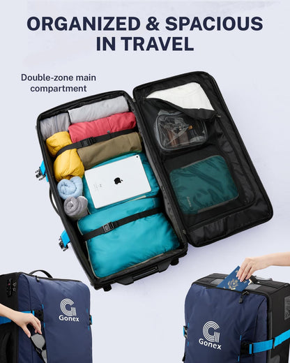 Rolling Duffle Bag with Wheels, Water-repellent 90L Nylon Large Wheeled Travel Duffel Luggage with TSA Lock & Telescopic Handle 30 inch, Dark Blue