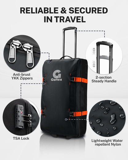 Rolling Duffle Bag with Wheels, Water-repellent 90L Nylon Large Wheeled Travel Duffel Luggage with TSA Lock & Telescopic Handle 30 inch, Dark Blue