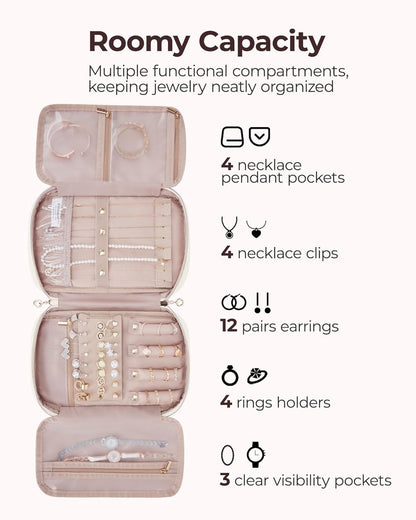 Jewelry Organizer Case Large Travel Jewelry Storage Bag for Necklace, Earrings, Rings, Bracelet, Soft Pink