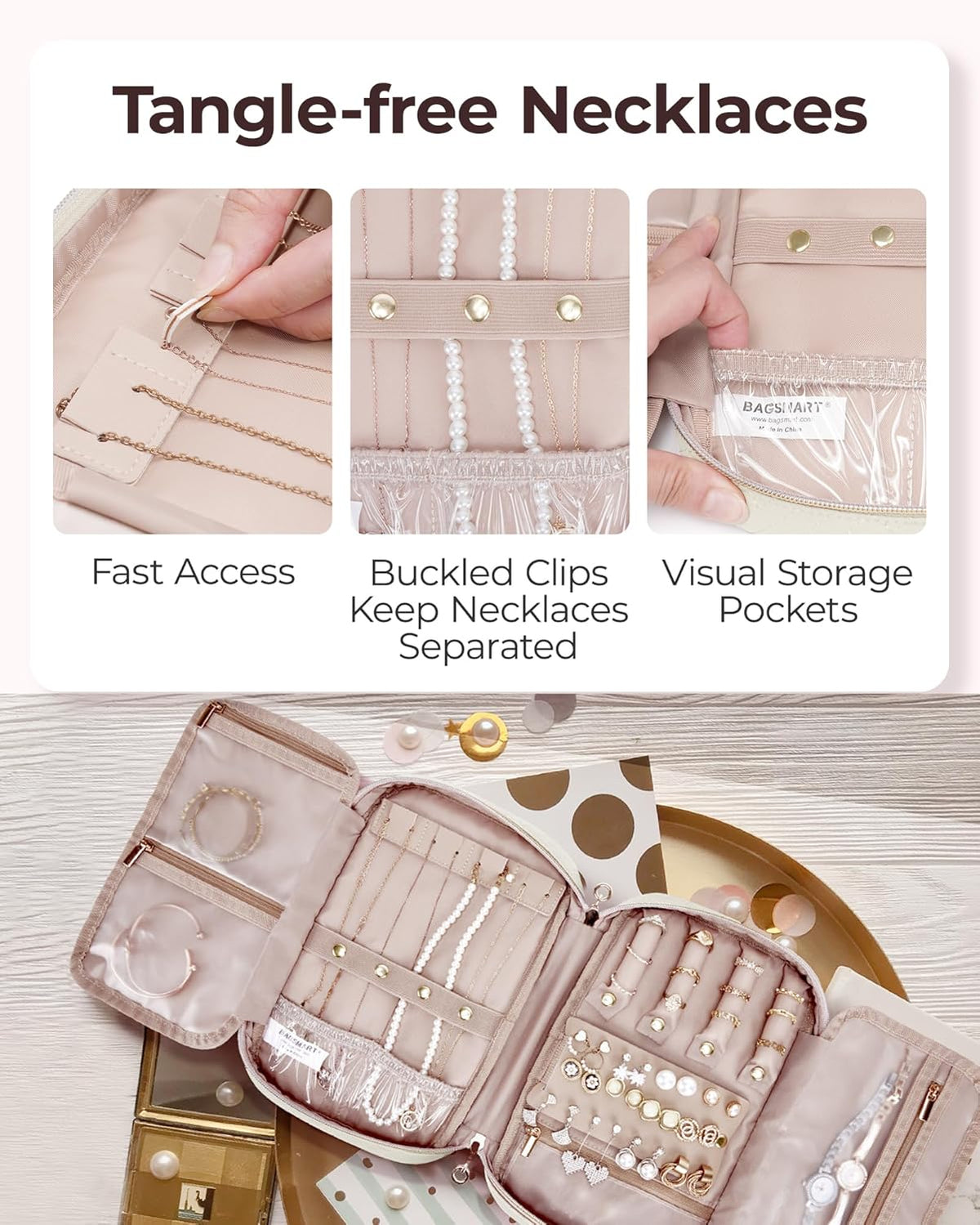 Jewelry Organizer Case Large Travel Jewelry Storage Bag for Necklace, Earrings, Rings, Bracelet, Soft Pink