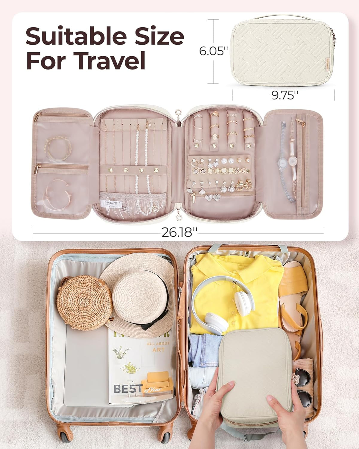 Jewelry Organizer Case Large Travel Jewelry Storage Bag for Necklace, Earrings, Rings, Bracelet, Soft Pink