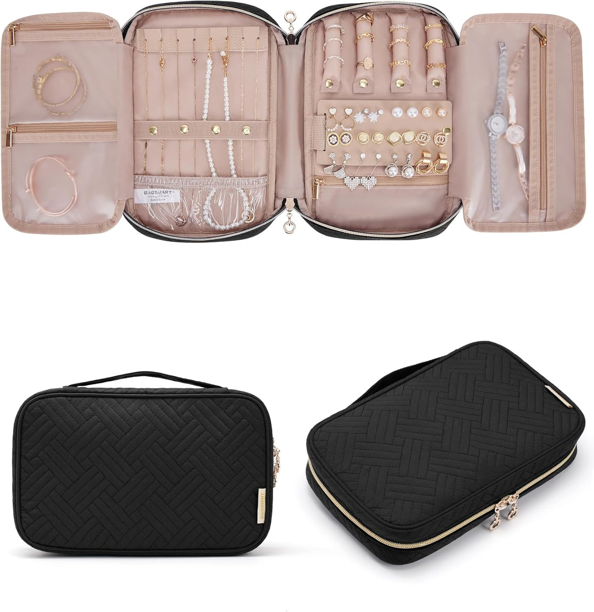 Jewelry Organizer Case Large Travel Jewelry Storage Bag for Necklace, Earrings, Rings, Bracelet, Soft Pink
