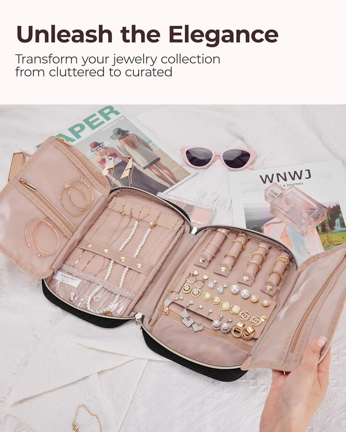 Jewelry Organizer Case Large Travel Jewelry Storage Bag for Necklace, Earrings, Rings, Bracelet, Soft Pink