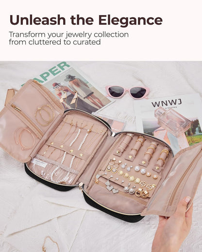 Jewelry Organizer Case Large Travel Jewelry Storage Bag for Necklace, Earrings, Rings, Bracelet, Soft Pink