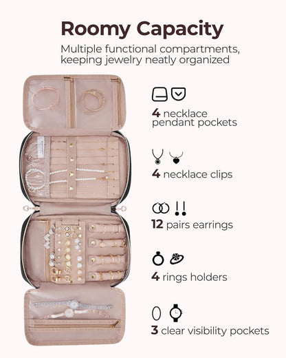 Jewelry Organizer Case Large Travel Jewelry Storage Bag for Necklace, Earrings, Rings, Bracelet, Soft Pink