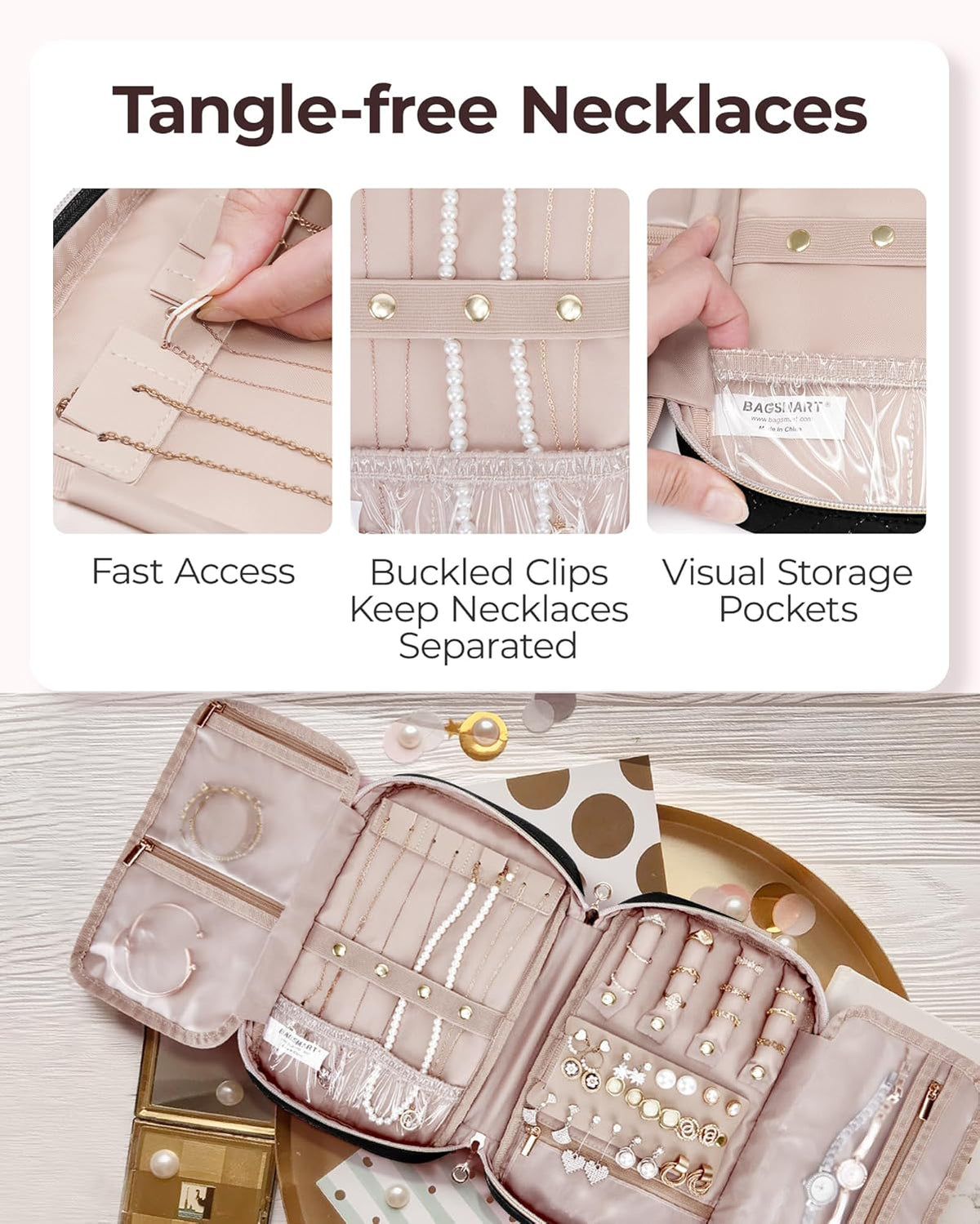 Jewelry Organizer Case Large Travel Jewelry Storage Bag for Necklace, Earrings, Rings, Bracelet, Soft Pink