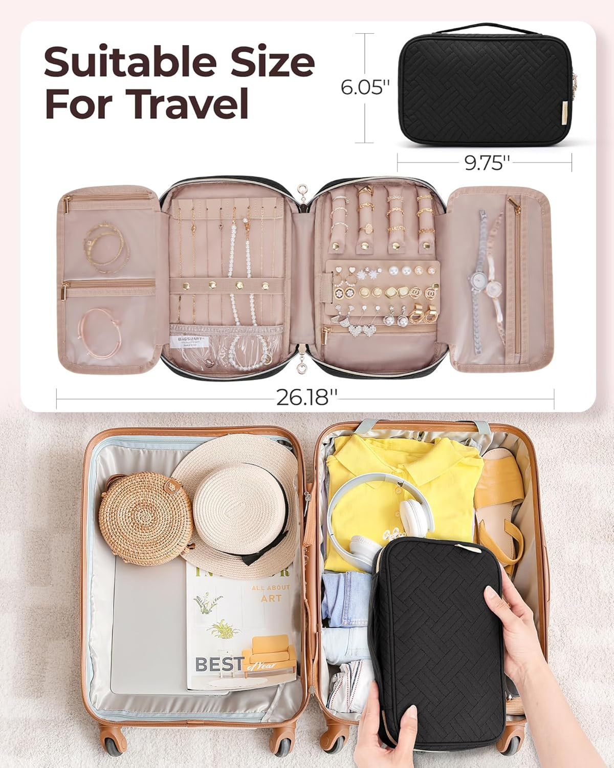 Jewelry Organizer Case Large Travel Jewelry Storage Bag for Necklace, Earrings, Rings, Bracelet, Soft Pink