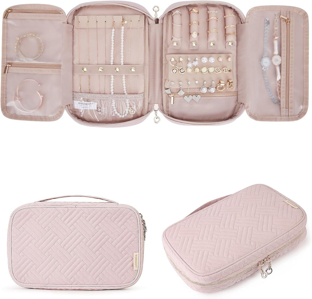 Jewelry Organizer Case Large Travel Jewelry Storage Bag for Necklace, Earrings, Rings, Bracelet, Soft Pink