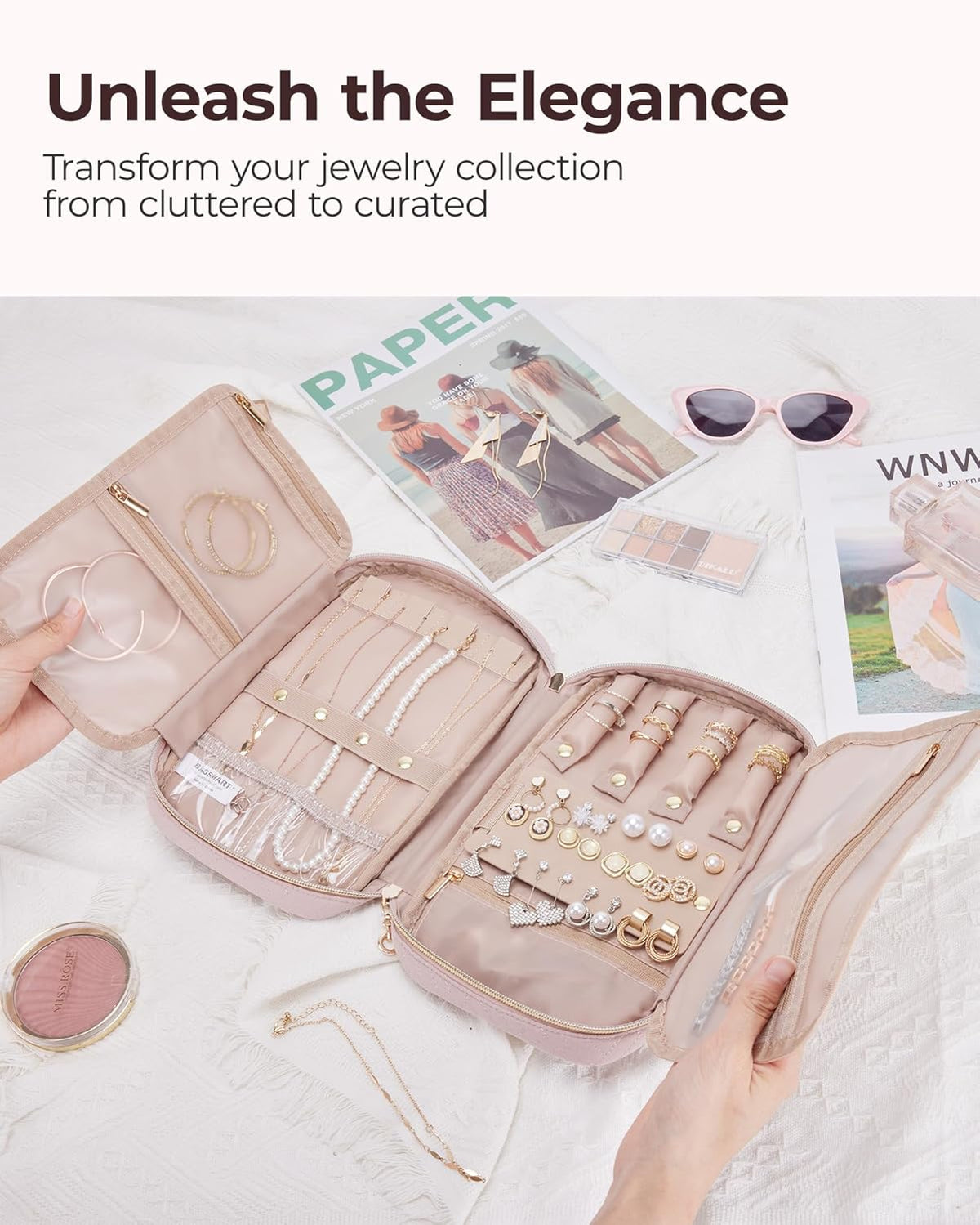 Jewelry Organizer Case Large Travel Jewelry Storage Bag for Necklace, Earrings, Rings, Bracelet, Soft Pink