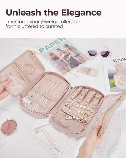 Jewelry Organizer Case Large Travel Jewelry Storage Bag for Necklace, Earrings, Rings, Bracelet, Soft Pink