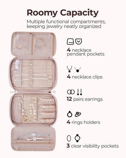 Jewelry Organizer Case Large Travel Jewelry Storage Bag for Necklace, Earrings, Rings, Bracelet, Soft Pink