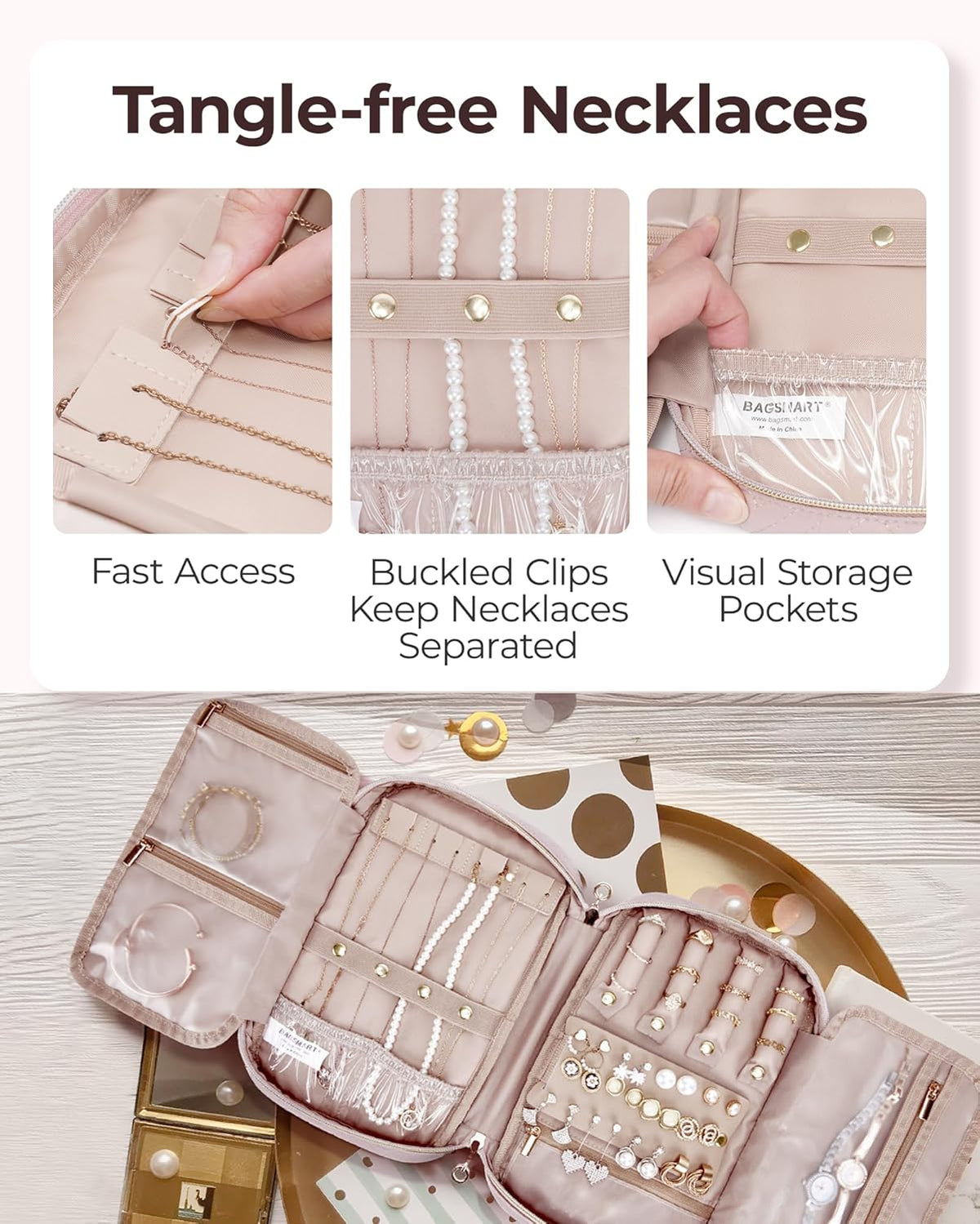 Jewelry Organizer Case Large Travel Jewelry Storage Bag for Necklace, Earrings, Rings, Bracelet, Soft Pink