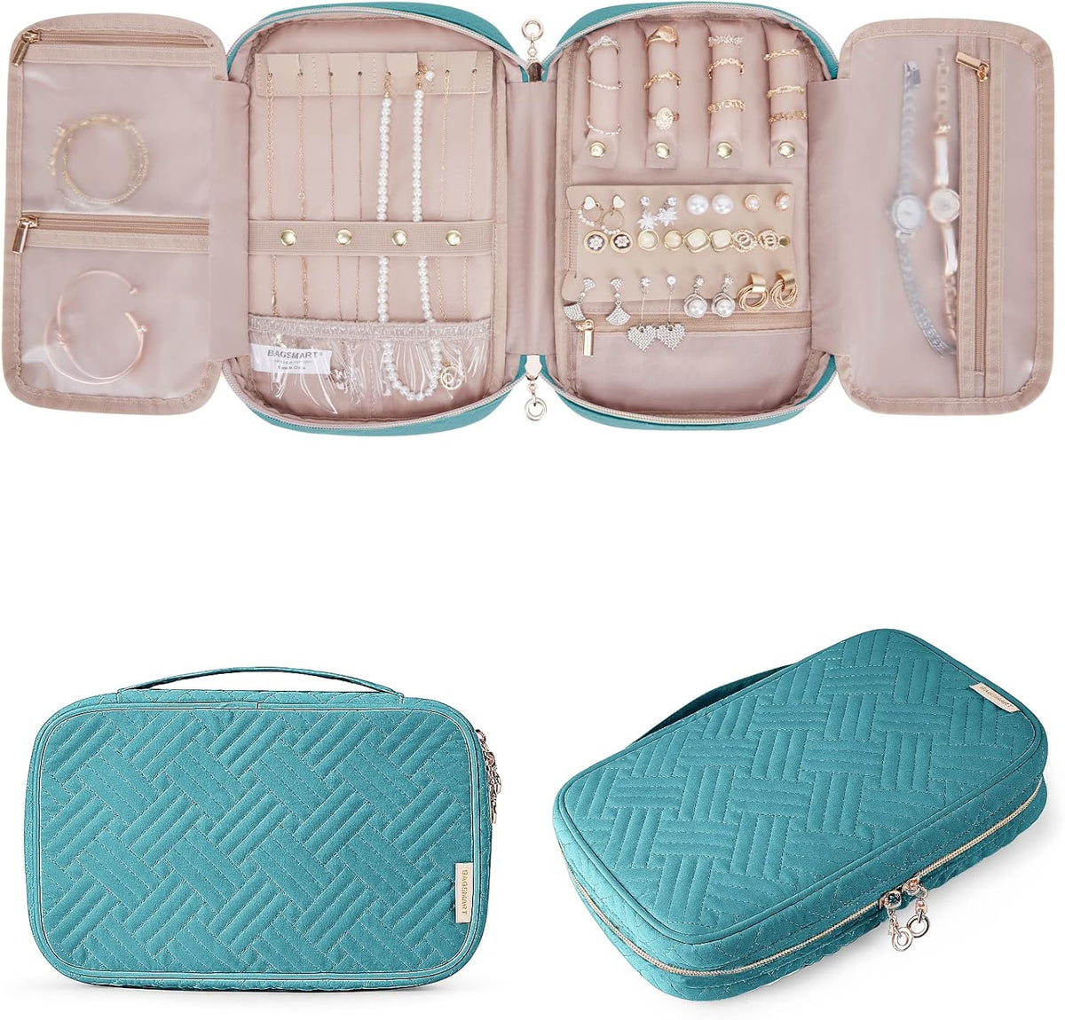 Jewelry Organizer Case Large Travel Jewelry Storage Bag for Necklace, Earrings, Rings, Bracelet, Soft Pink
