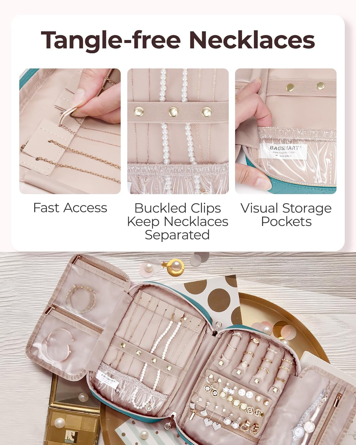 Jewelry Organizer Case Large Travel Jewelry Storage Bag for Necklace, Earrings, Rings, Bracelet, Soft Pink