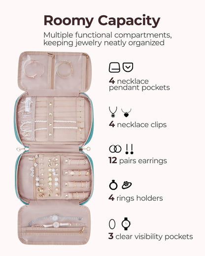 Jewelry Organizer Case Large Travel Jewelry Storage Bag for Necklace, Earrings, Rings, Bracelet, Soft Pink
