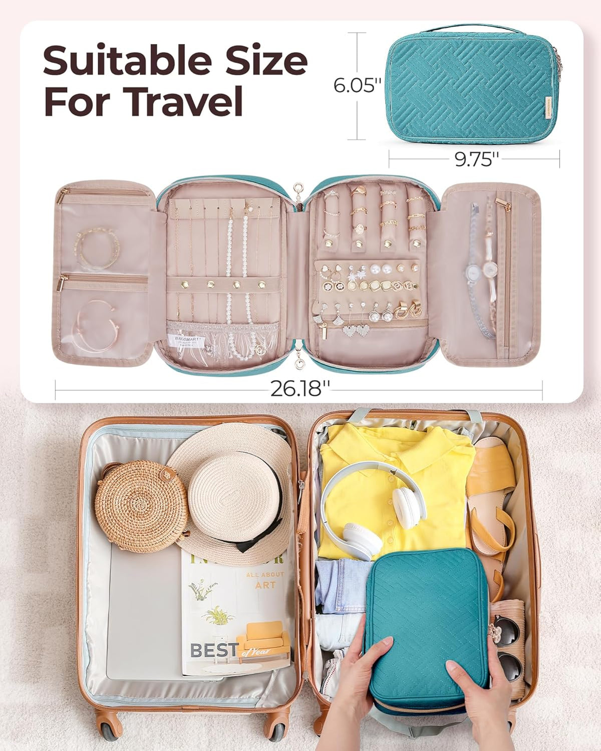 Jewelry Organizer Case Large Travel Jewelry Storage Bag for Necklace, Earrings, Rings, Bracelet, Soft Pink