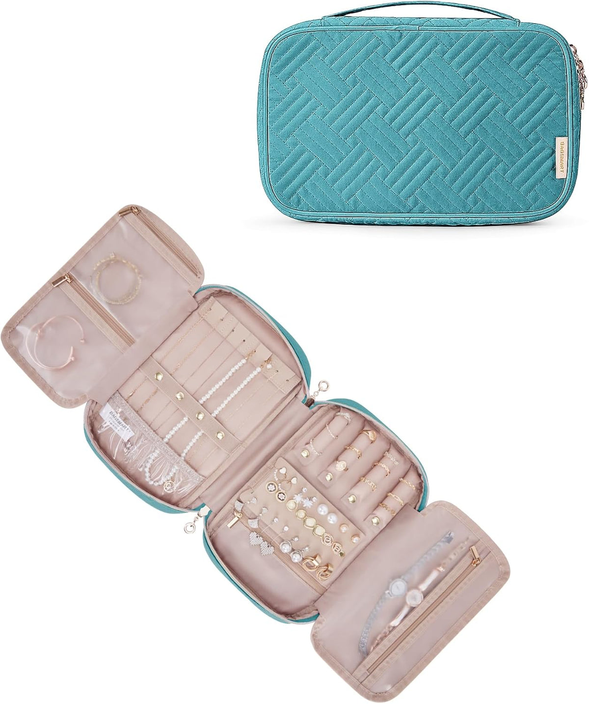 Jewelry Organizer Case Large Travel Jewelry Storage Bag for Necklace, Earrings, Rings, Bracelet, Soft Pink