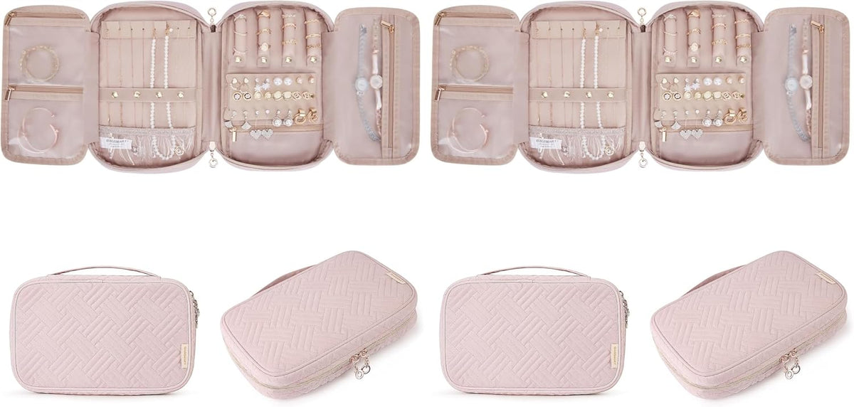 Jewelry Organizer Case Large Travel Jewelry Storage Bag for Necklace, Earrings, Rings, Bracelet, Soft Pink